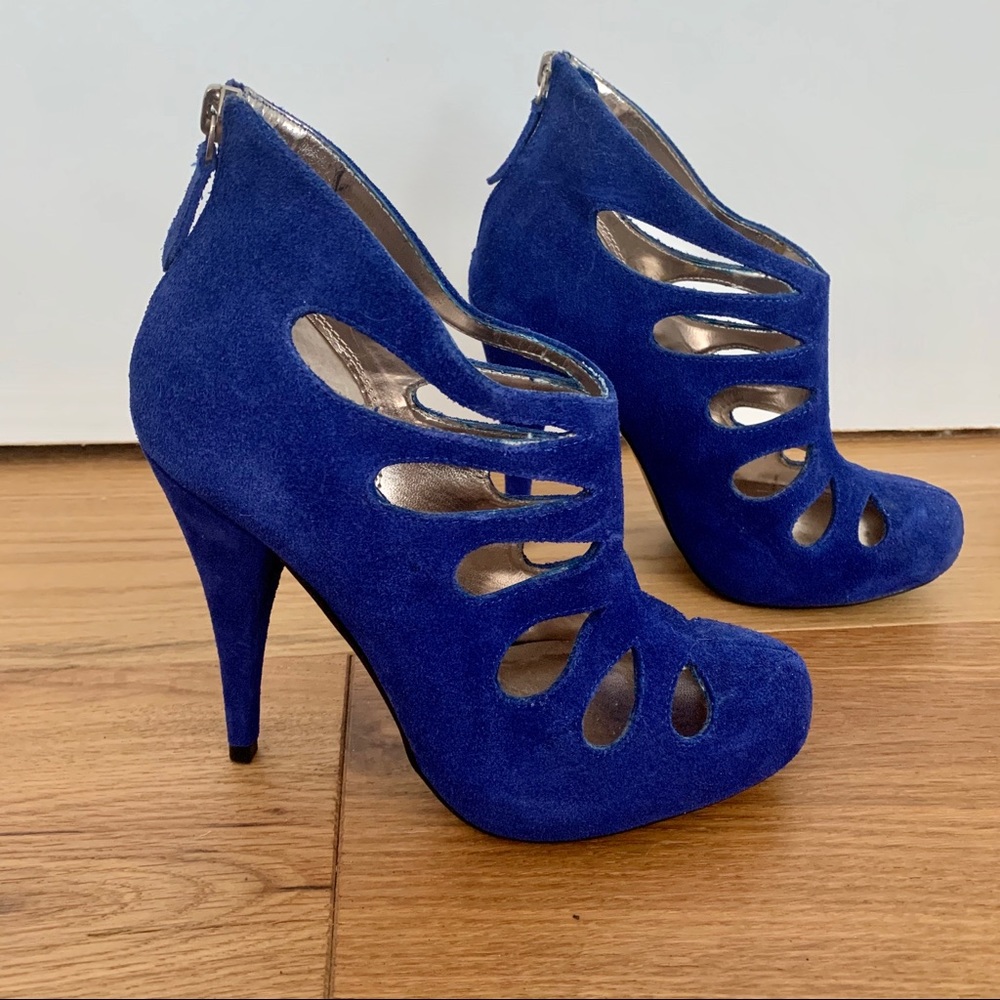 Blue Suede Cutout Bootie Heels